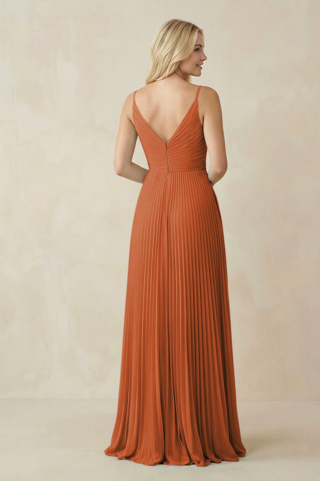 Pleated V - Neck A - Line Chiffon Bridesmaid Dress in Terracotta - SHE IS ME Bridesmaid Dresses