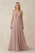Pleated V - Neck A - Line Chiffon Bridesmaid Dress in Toffee - SHE IS ME Bridesmaid Dresses