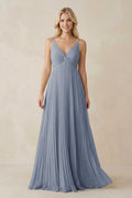 Pleated V - Neck A - Line Chiffon Bridesmaid Dress in Twilight - SHE IS ME Bridesmaid Dresses