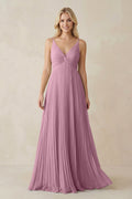 Pleated V - Neck A - Line Chiffon Bridesmaid Dress in Vintage Mauve - SHE IS ME Bridesmaid Dresses