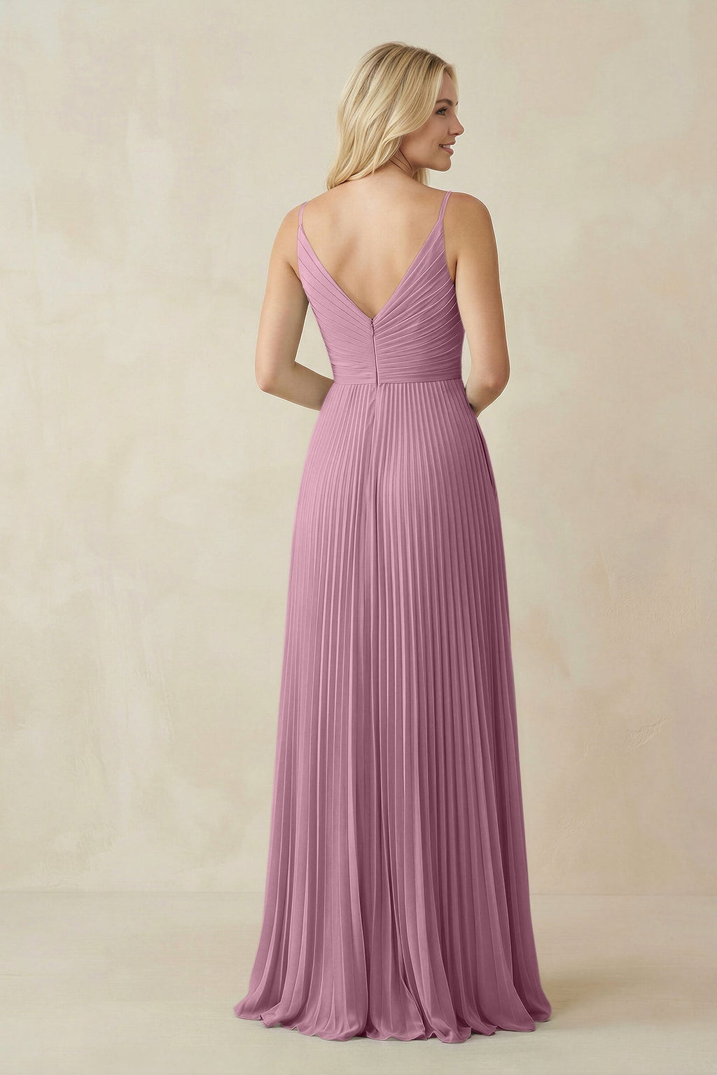 Pleated V - Neck A - Line Chiffon Bridesmaid Dress in Vintage Mauve - SHE IS ME Bridesmaid Dresses