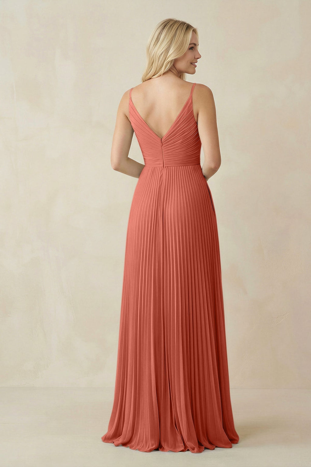 Pleated V - Neck A - Line Chiffon Bridesmaid Dress in Wild Rose - SHE IS ME Bridesmaid Dresses