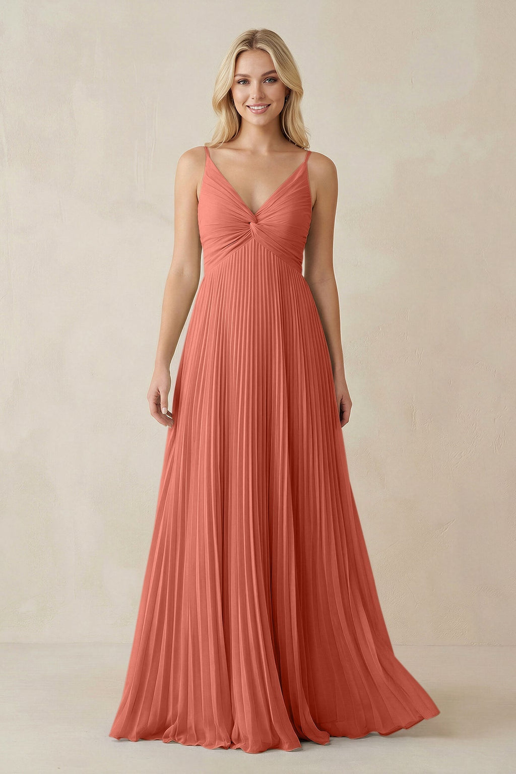 Pleated V - Neck A - Line Chiffon Bridesmaid Dress in Wild Rose - SHE IS ME Bridesmaid Dresses