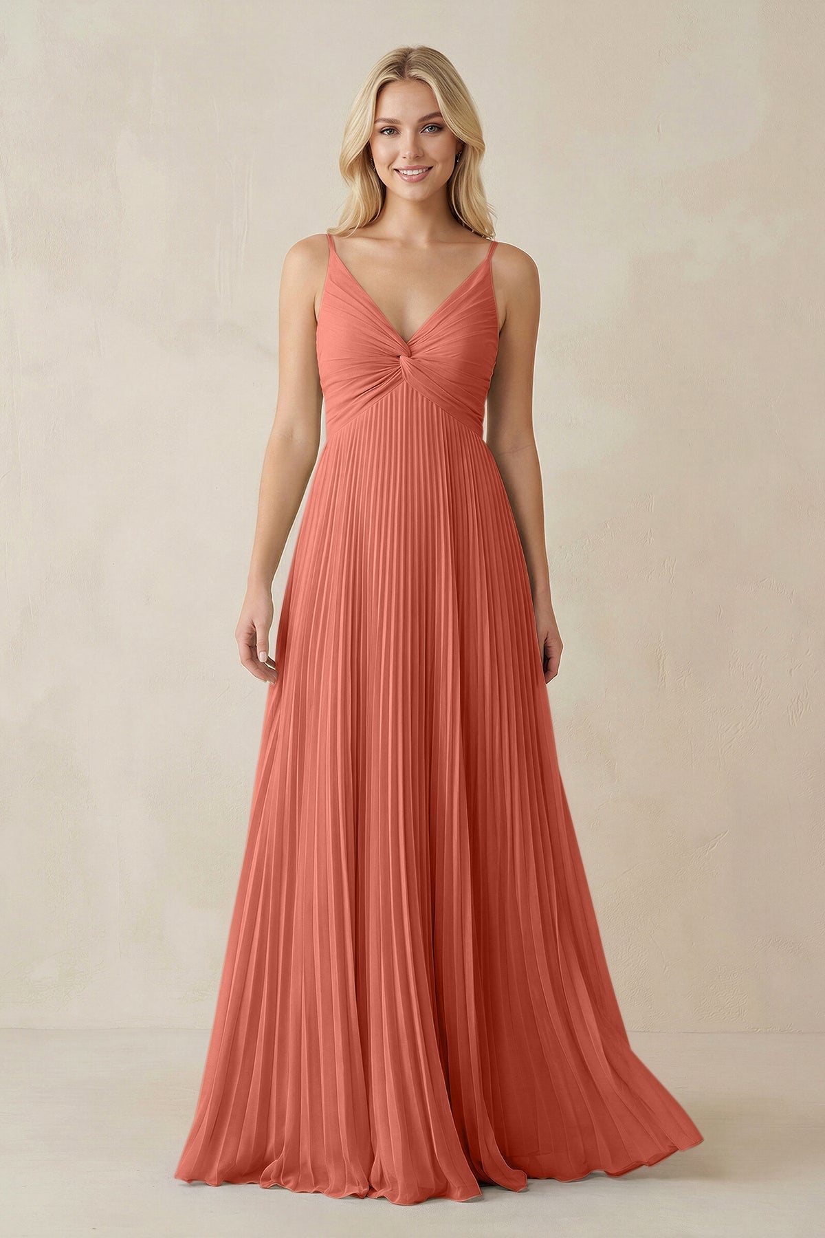 Pleated V - Neck A - Line Chiffon Bridesmaid Dress in Wild Rose - SHE IS ME Bridesmaid Dresses