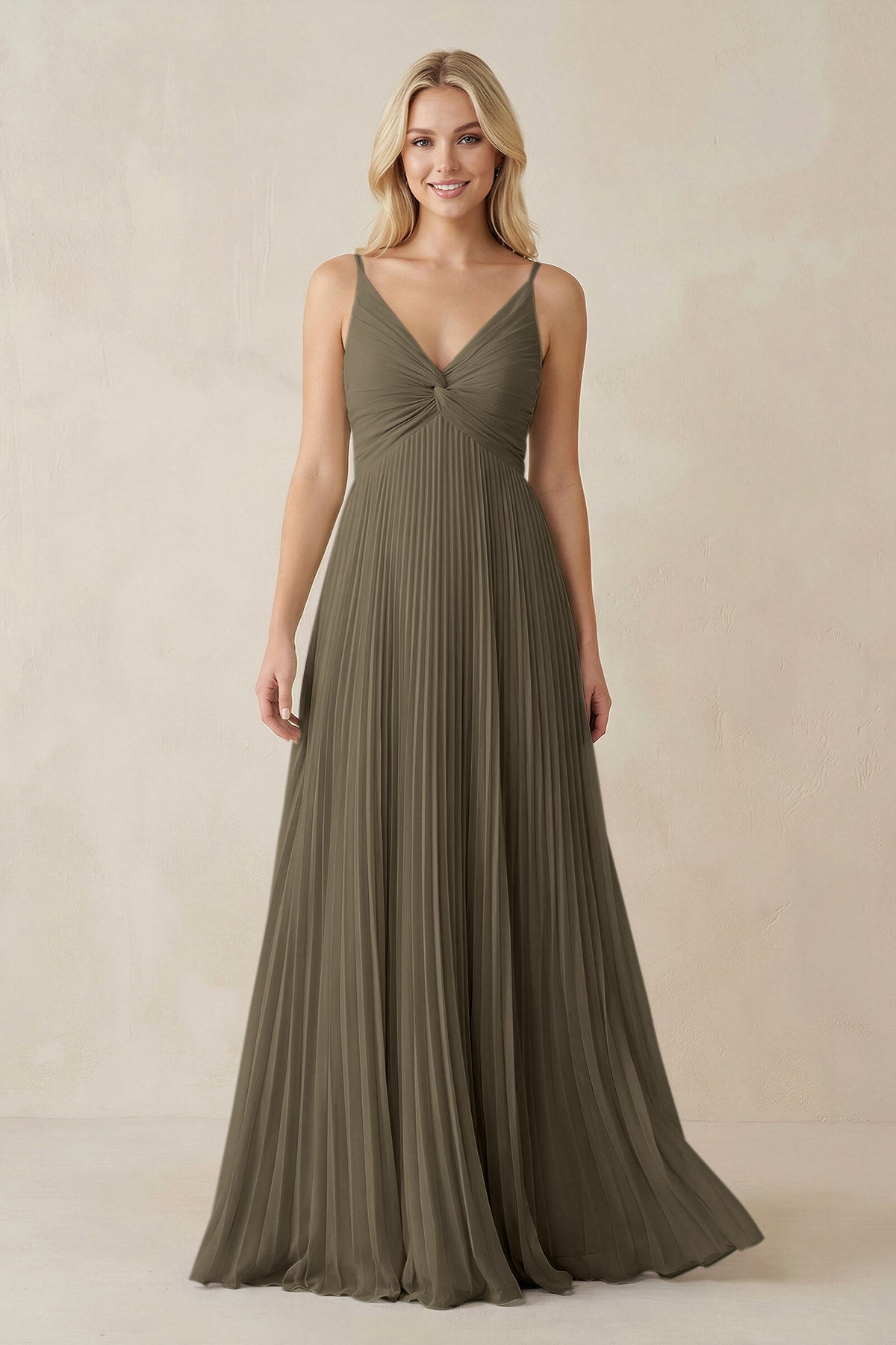 Pleated V - Neck A - Line Chiffon Bridesmaid Dress in Willow Green - SHE IS ME Bridesmaid Dresses