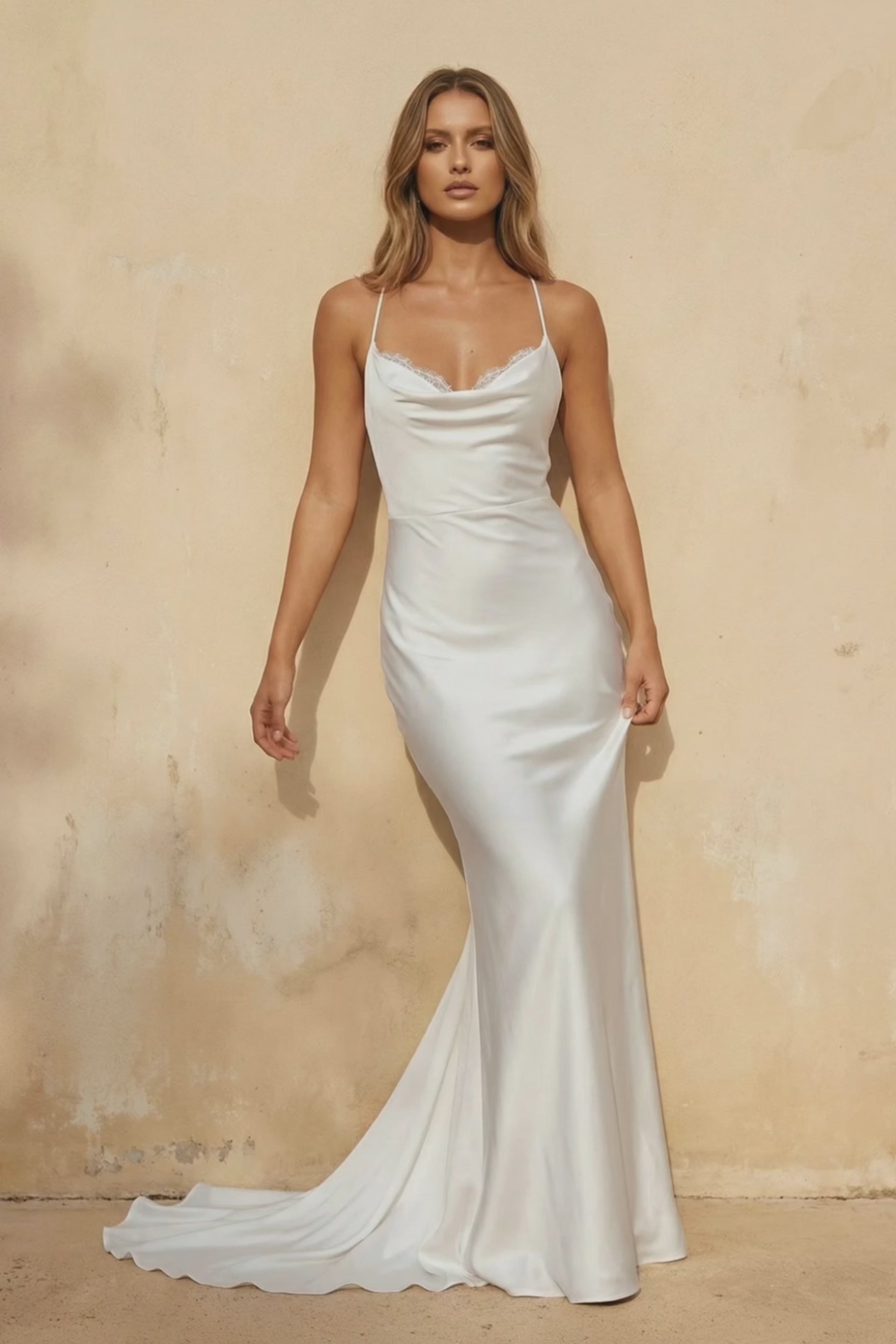 Spaghetti Straps Mermaid Satin Wedding Dress in White