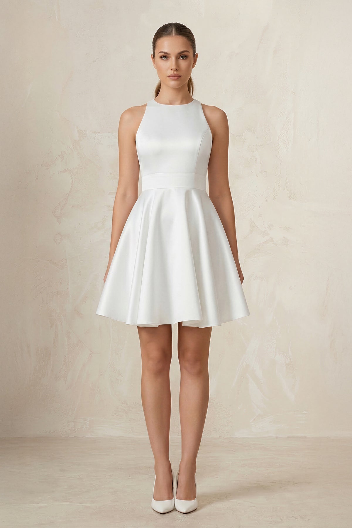 Round Neck Satin A - Line Ruched Wedding Dress in White - SHE IS ME Wedding Dresses