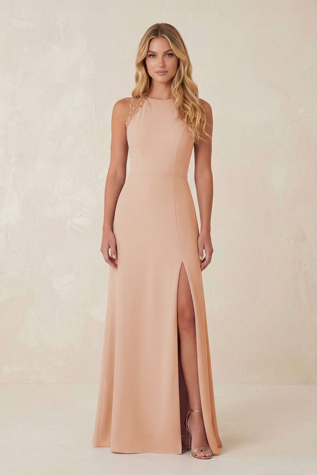 Round Neck Sheath Chiffon Appliqued Bridesmaid Dress in Champagne Rose - SHE IS ME Bridesmaid Dresses