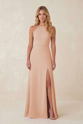 Round Neck Sheath Chiffon Appliqued Bridesmaid Dress in Champagne Rose - SHE IS ME Bridesmaid Dresses