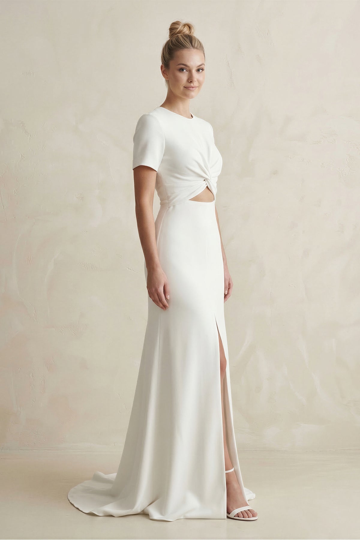 Round Neck Sheath Satin Short Sleeve Wedding Dress in White - SHE IS ME Wedding Dresses