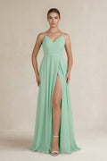 Ruched A-Line Chiffon Bridesmaid Dress with Slit in Pale Pistachio - SHE IS ME BRIDESMAID DRESSES