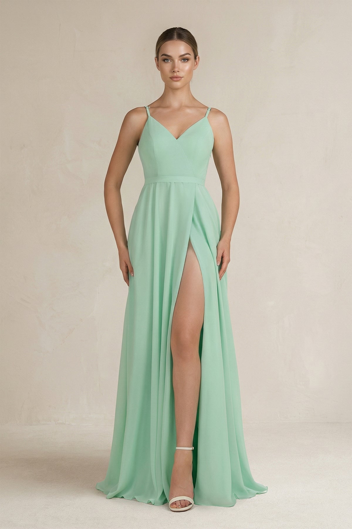 Ruched A-Line Chiffon Bridesmaid Dress with Slit in Pale Pistachio - SHE IS ME BRIDESMAID DRESSES
