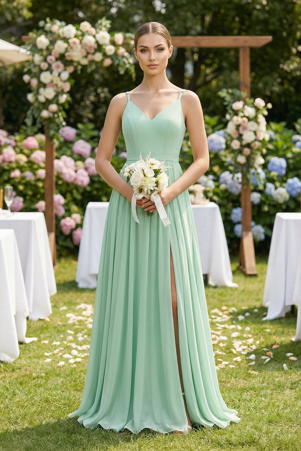 Ruched A-Line Chiffon Bridesmaid Dress with Slit in Pale Pistachio - SHE IS ME BRIDESMAID DRESSES