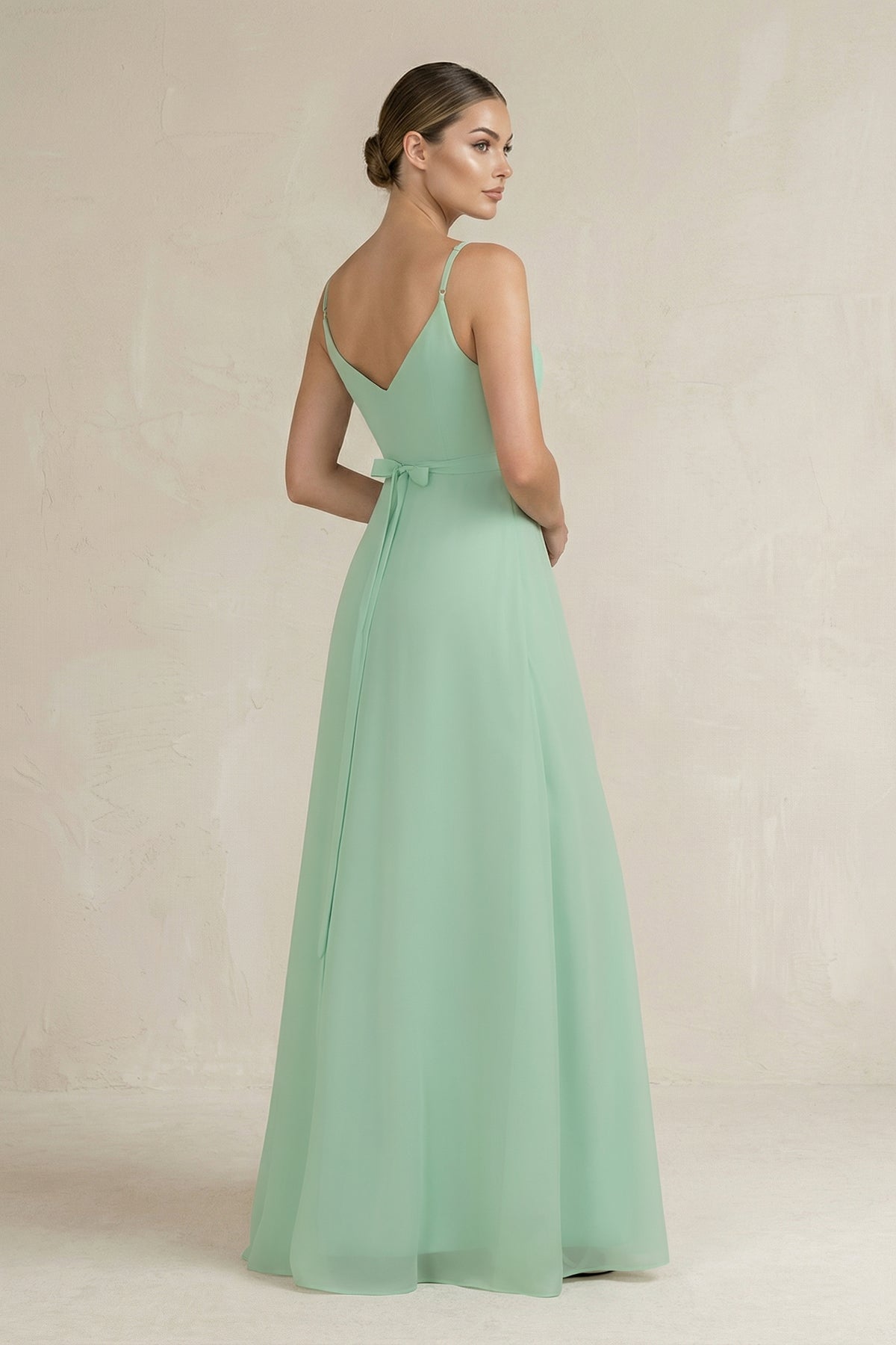 Ruched A-Line Chiffon Bridesmaid Dress with Slit in Pale Pistachio - SHE IS ME BRIDESMAID DRESSES