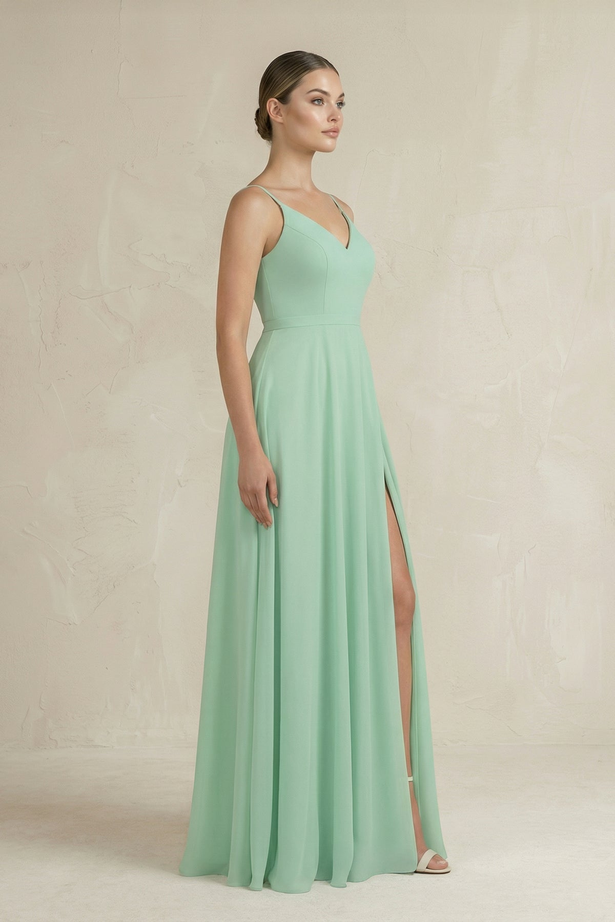 Ruched A-Line Chiffon Bridesmaid Dress with Slit in Pale Pistachio - SHE IS ME BRIDESMAID DRESSES