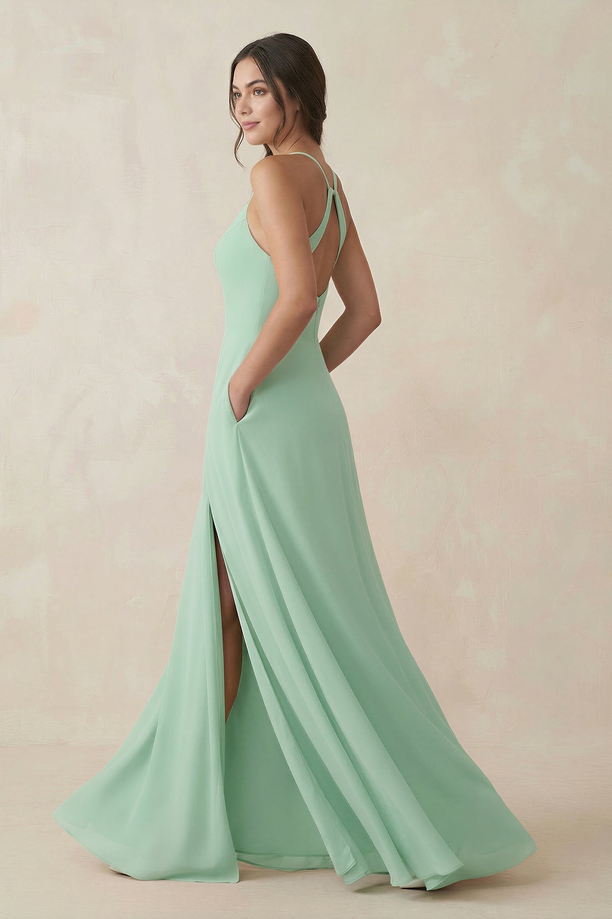 Ruched Sheath Chiffon Bridesmaid Dress in Pale Pistachio - SHE IS ME BRIDESMAID DRESSES