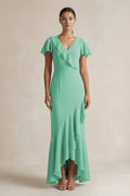 Rufffled V - Neck Sheath Chiffon Bridesmaid Dress in Turquoise - SHE IS ME Bridesmaid Dresses