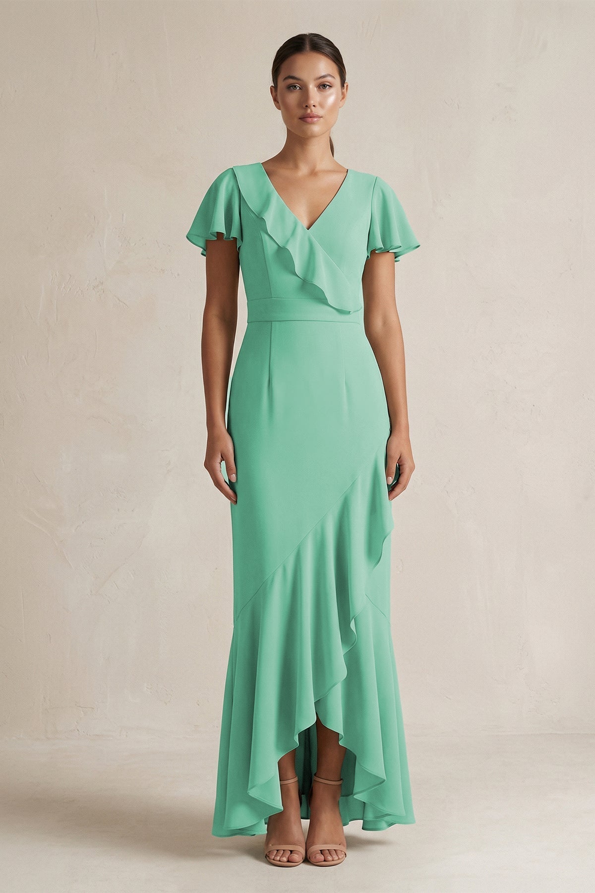 Rufffled V - Neck Sheath Chiffon Bridesmaid Dress in Turquoise - SHE IS ME Bridesmaid Dresses