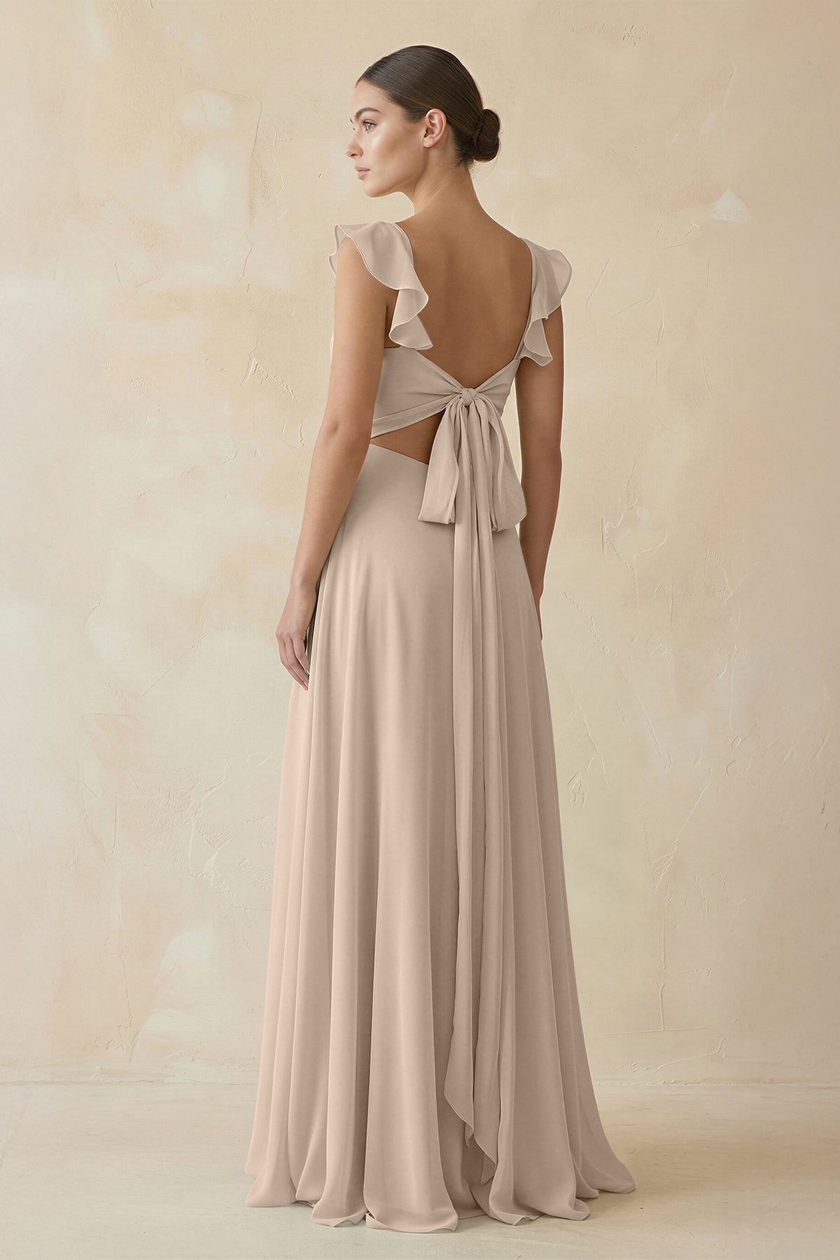 Ruffled Chiffon A - Line Long Bridesmaid Dress in Almond - SHE IS ME