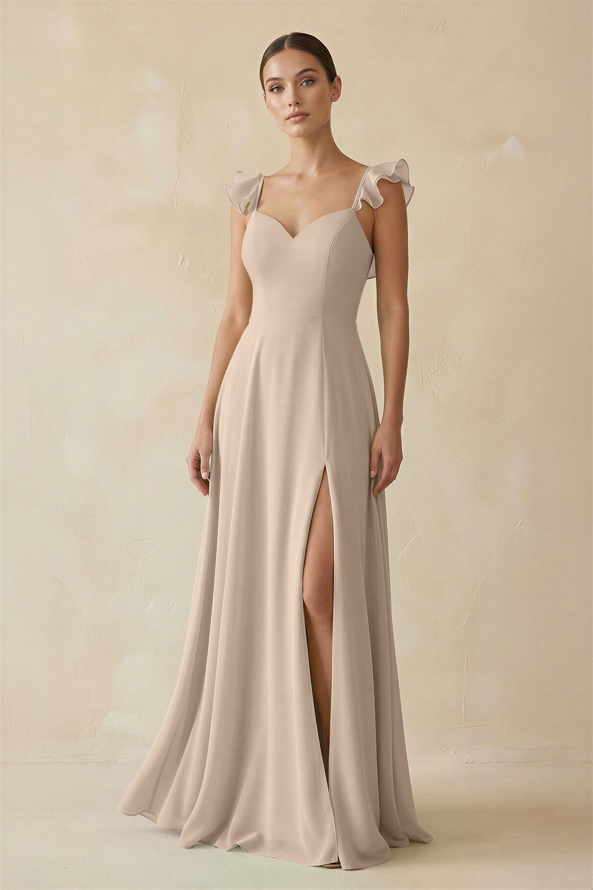 Ruffled Chiffon A - Line Long Bridesmaid Dress in Almond - SHE IS ME