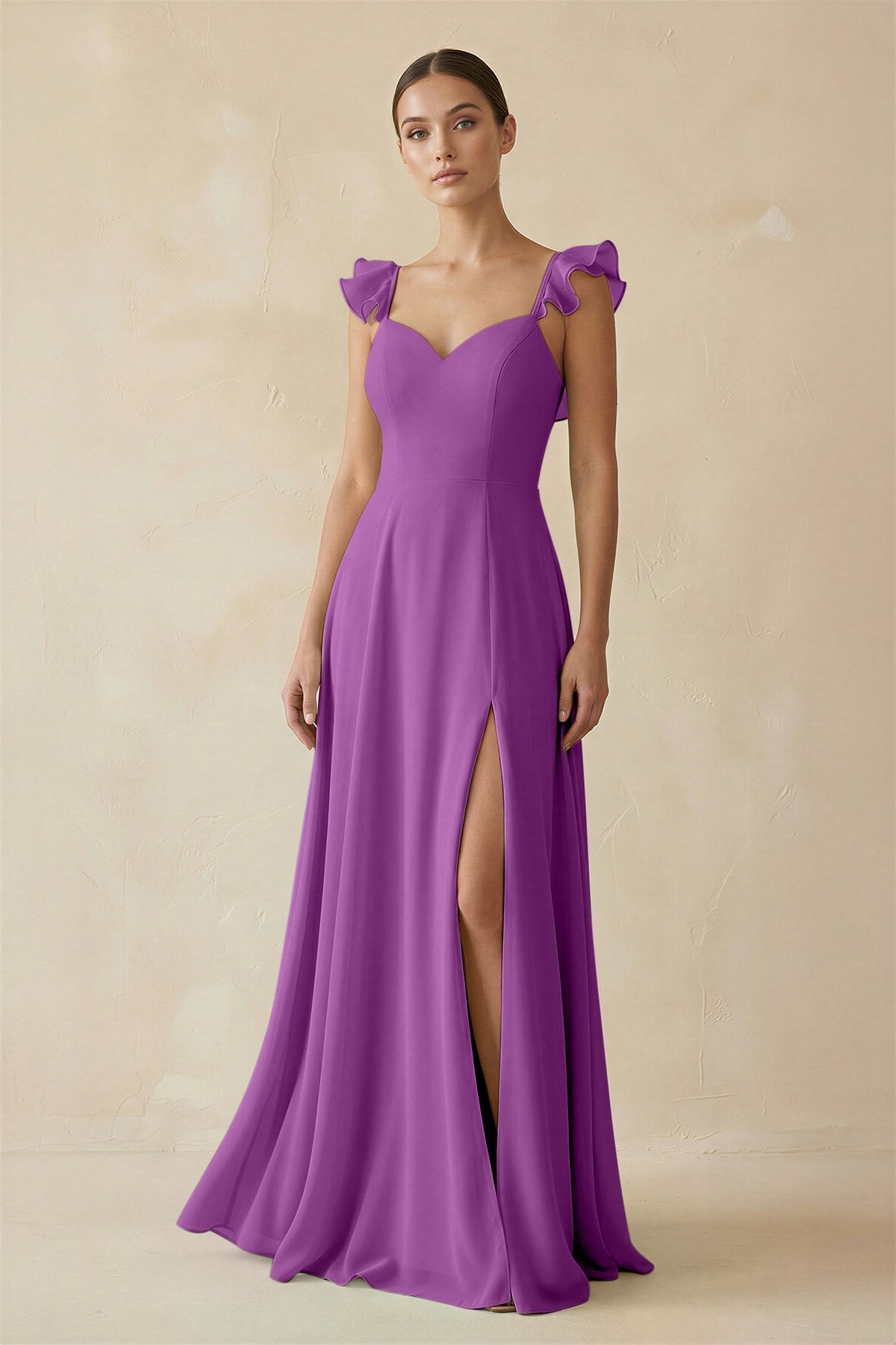 Ruffled Chiffon A - Line Long Bridesmaid Dress in Amethyst - SHE IS ME