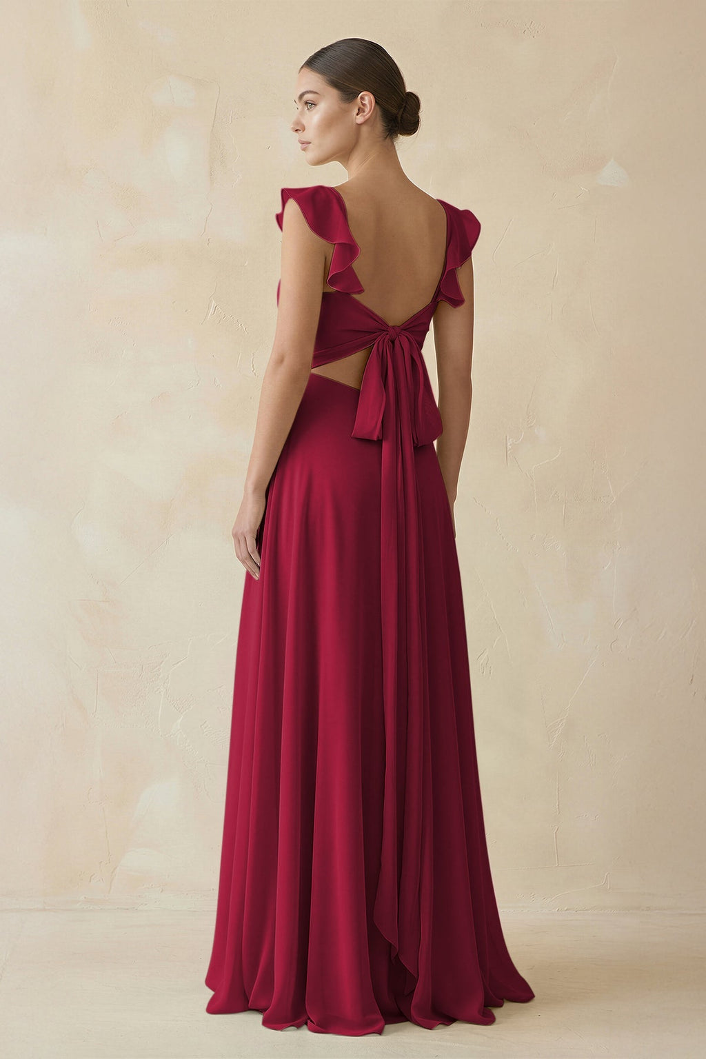 Ruffled Chiffon A - Line Long Bridesmaid Dress in Berry - SHE IS ME