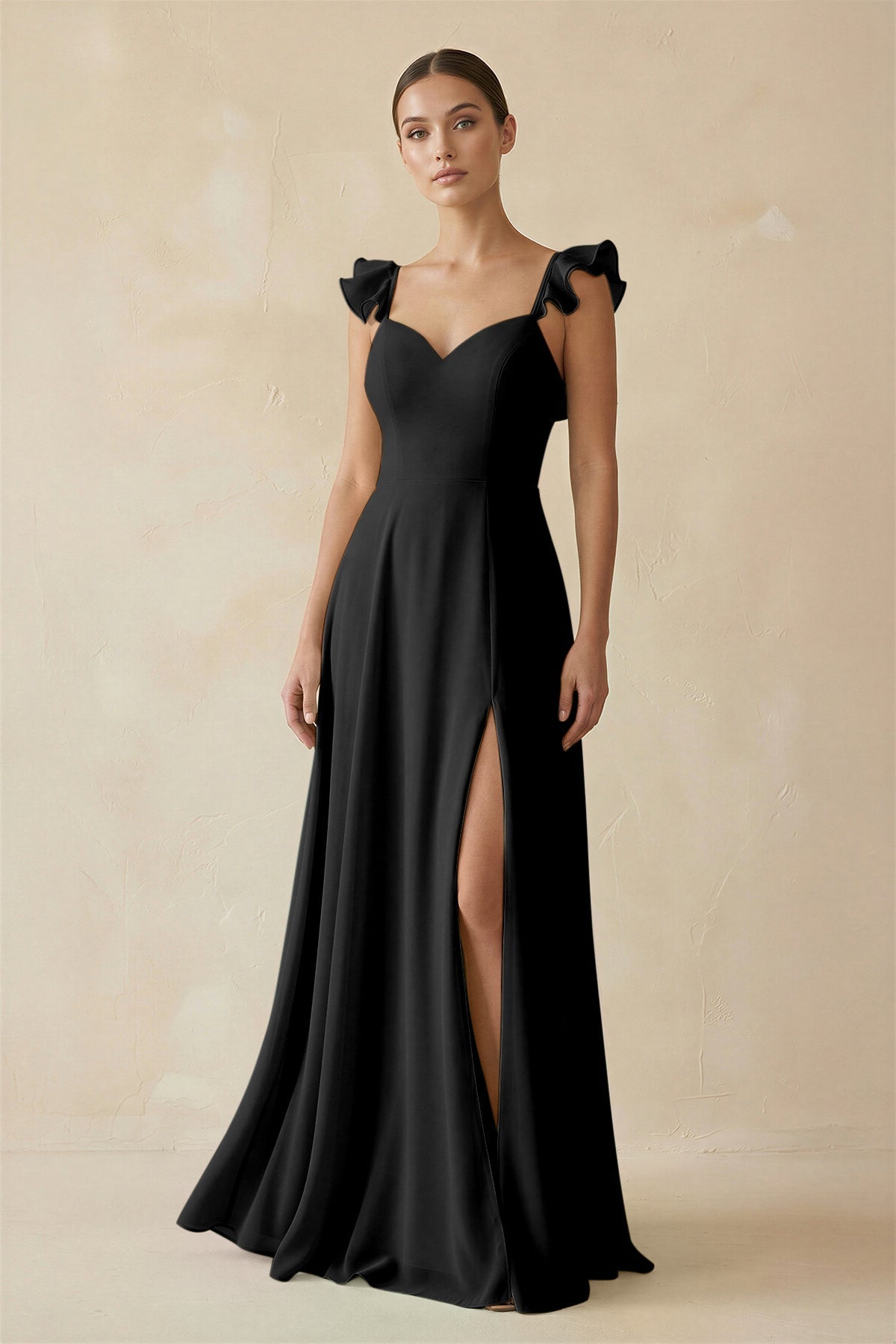 Ruffled Chiffon A - Line Long Bridesmaid Dress in Black - SHE IS ME