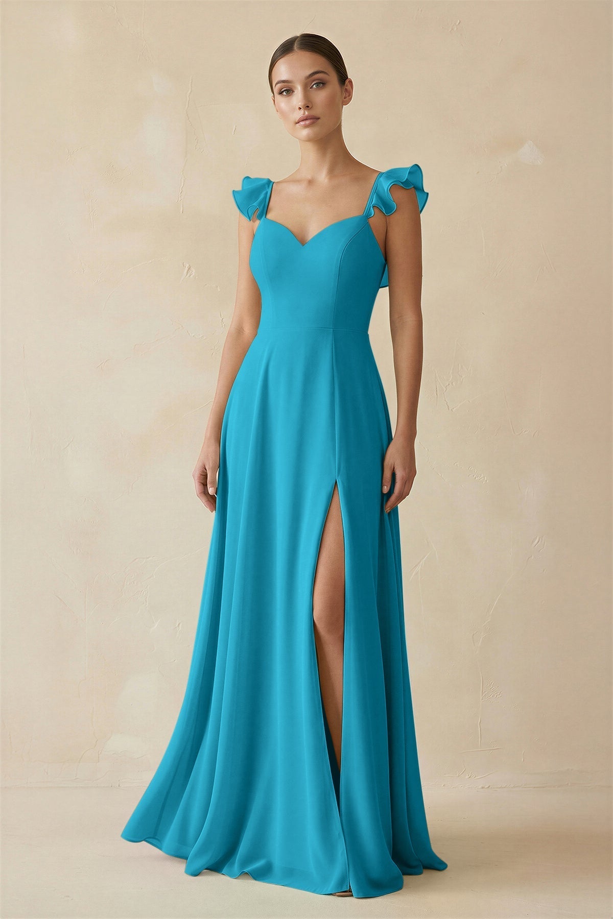 Ruffled Chiffon A - Line Long Bridesmaid Dress in Blue Jay - SHE IS ME