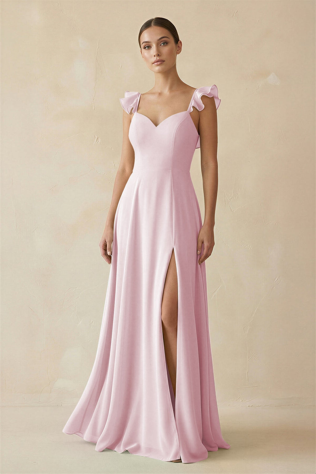 Ruffled Chiffon A - Line Long Bridesmaid Dress in Candy Pink - SHE IS ME