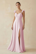 Ruffled Chiffon A - Line Long Bridesmaid Dress in Candy Pink - SHE IS ME