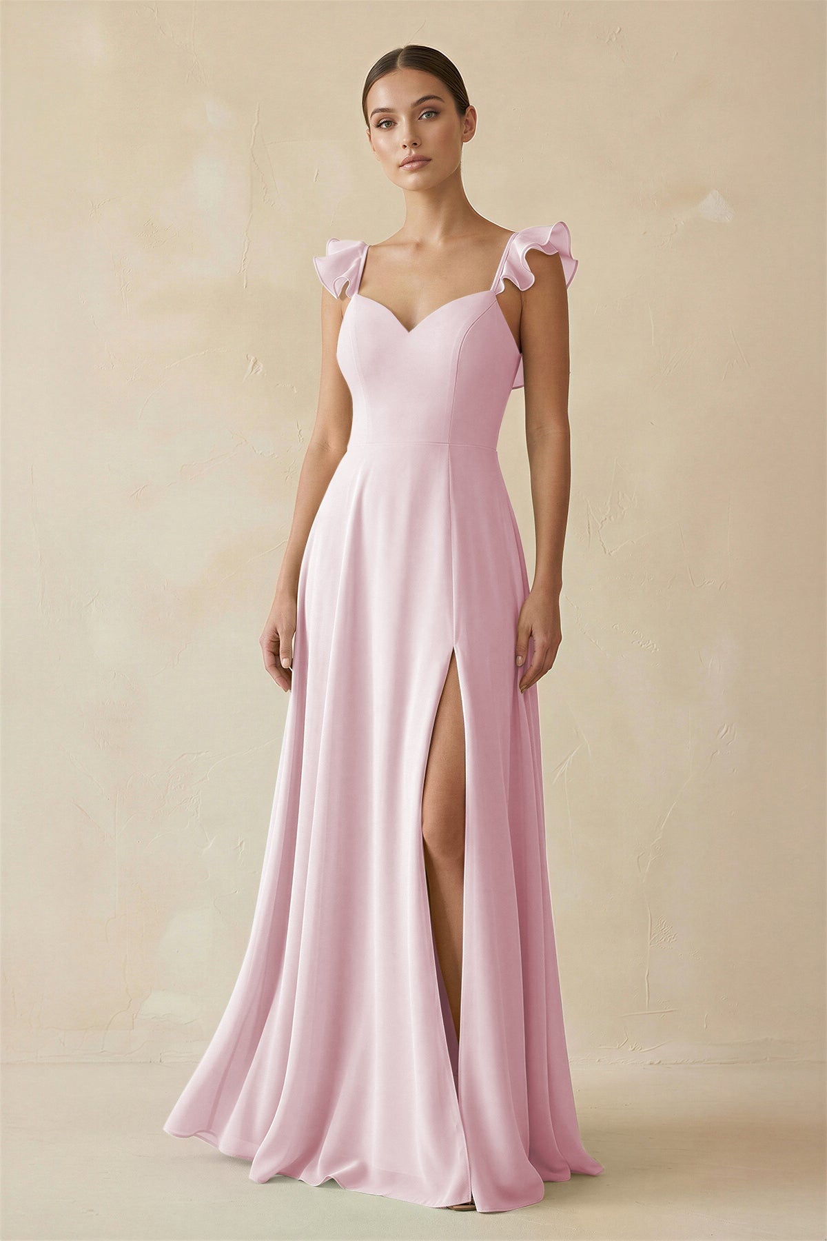 Ruffled Chiffon A - Line Long Bridesmaid Dress in Candy Pink - SHE IS ME