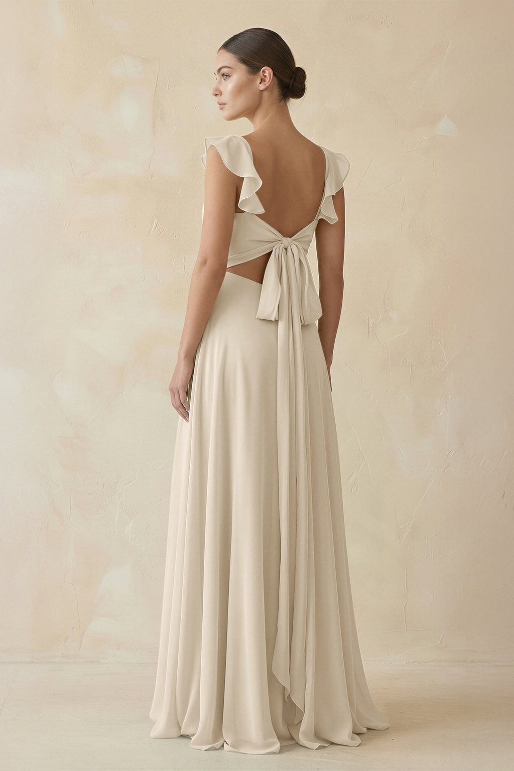Ruffled Chiffon A - Line Long Bridesmaid Dress in Champagne - SHE IS ME