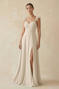 Ruffled Chiffon A - Line Long Bridesmaid Dress in Champagne - SHE IS ME