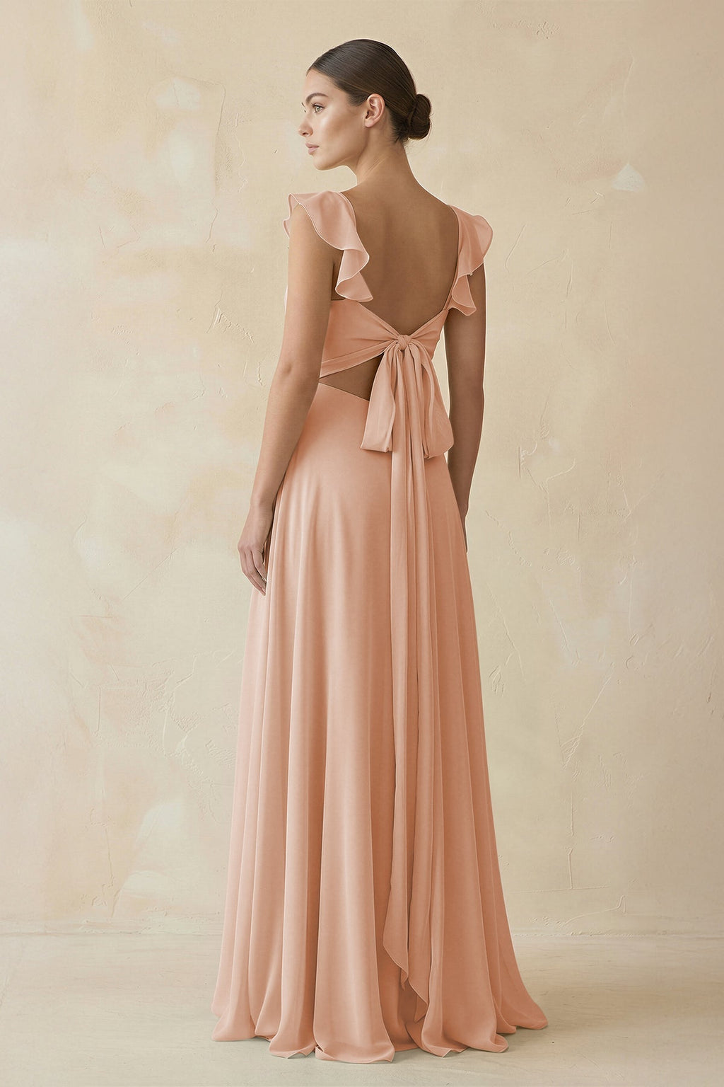 Ruffled Chiffon A - Line Long Bridesmaid Dress in Champagne Rose - SHE IS ME