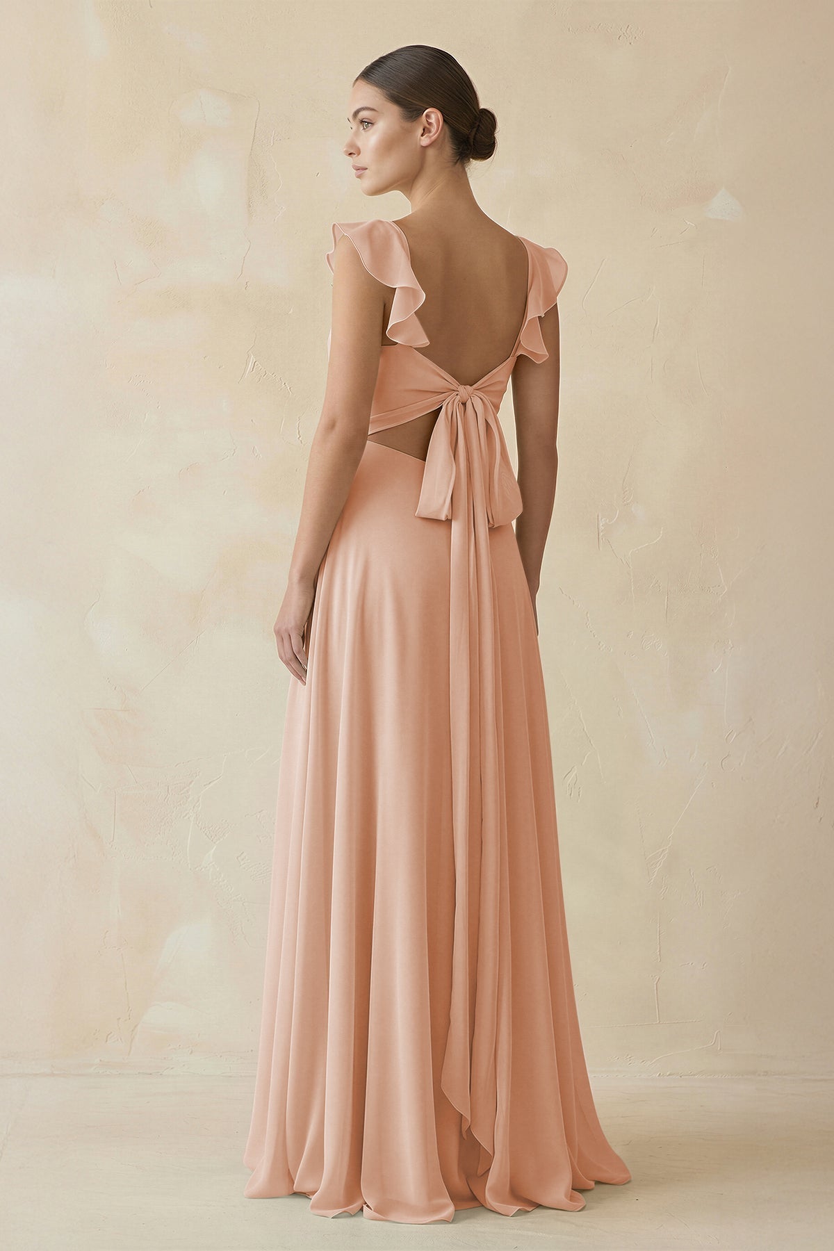 Ruffled Chiffon A - Line Long Bridesmaid Dress in Champagne Rose - SHE IS ME
