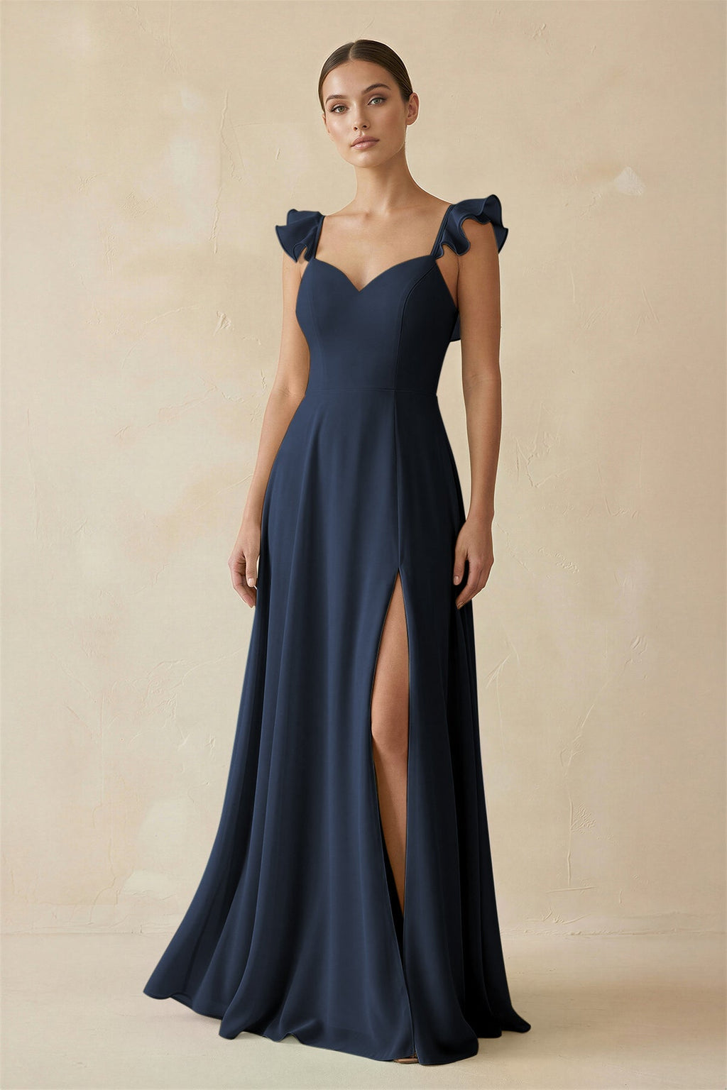 Ruffled Chiffon A - Line Long Bridesmaid Dress in Dark Navy - SHE IS ME