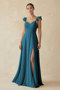 Ruffled Chiffon A - Line Long Bridesmaid Dress in Dark Teal - SHE IS ME