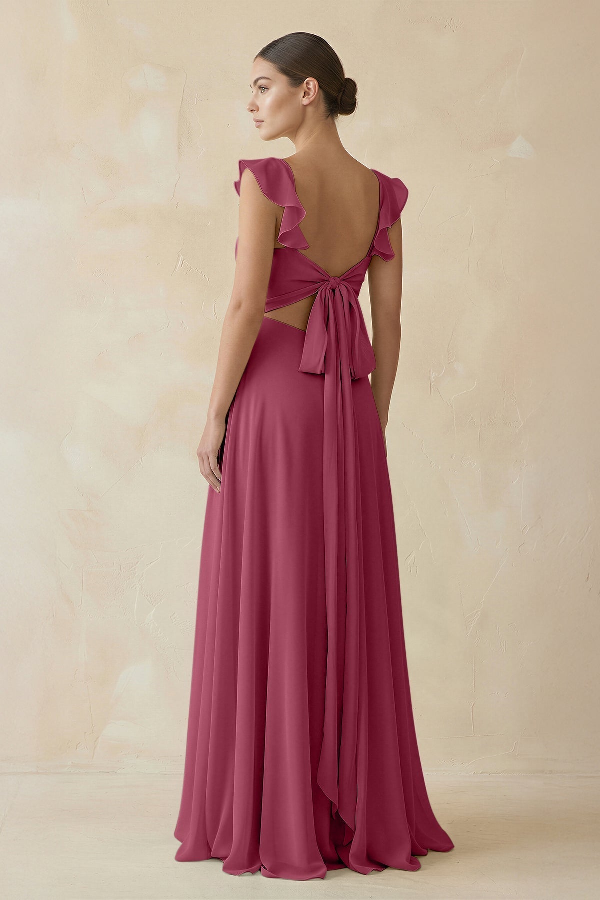 Ruffled Chiffon A - Line Long Bridesmaid Dress in Desert Rose - SHE IS ME