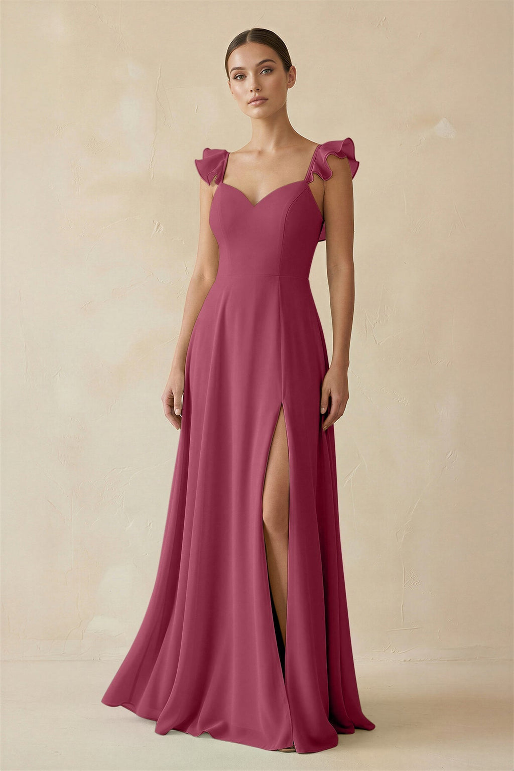 Ruffled Chiffon A - Line Long Bridesmaid Dress in Desert Rose - SHE IS ME