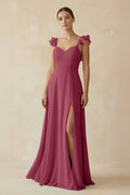 Ruffled Chiffon A - Line Long Bridesmaid Dress in Desert Rose - SHE IS ME