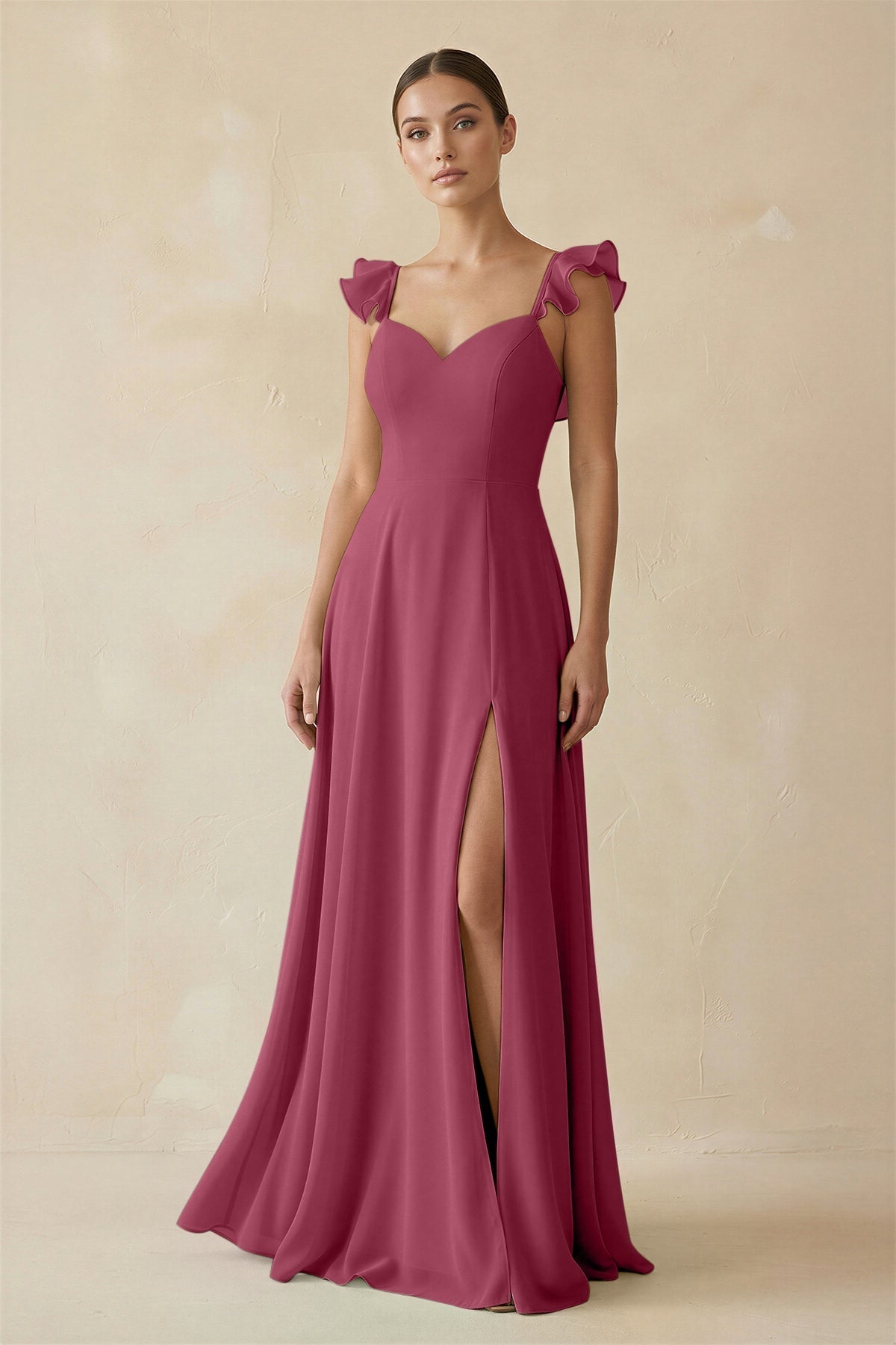 Ruffled Chiffon A - Line Long Bridesmaid Dress in Desert Rose - SHE IS ME