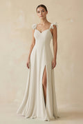 Ruffled Chiffon A - Line Long Bridesmaid Dress in Dove Gray - SHE IS ME