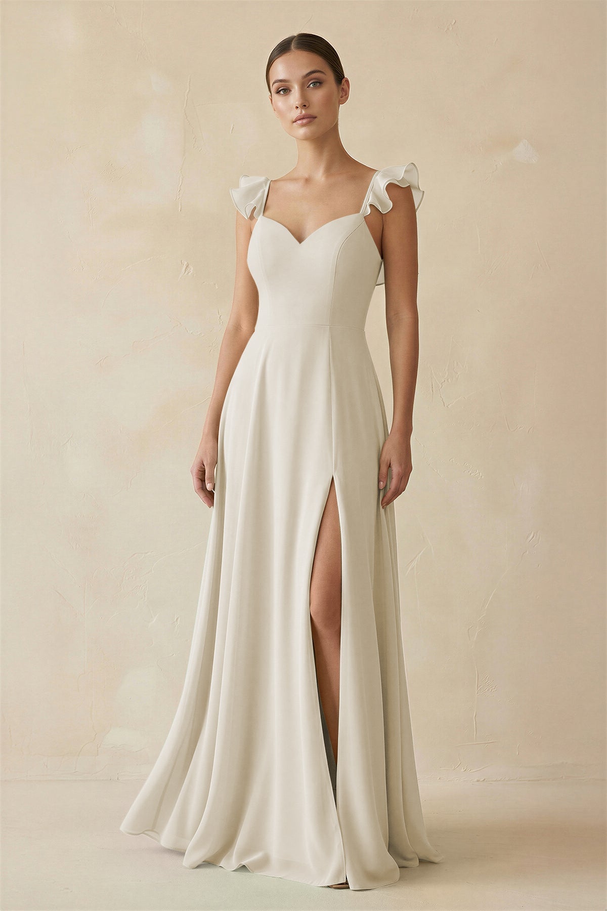 Ruffled Chiffon A - Line Long Bridesmaid Dress in Dove Gray - SHE IS ME