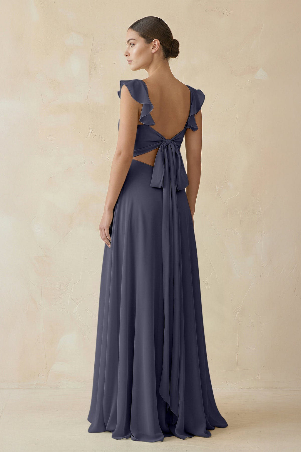Ruffled Chiffon A - Line Long Bridesmaid Dress in Dusk Blue - SHE IS ME
