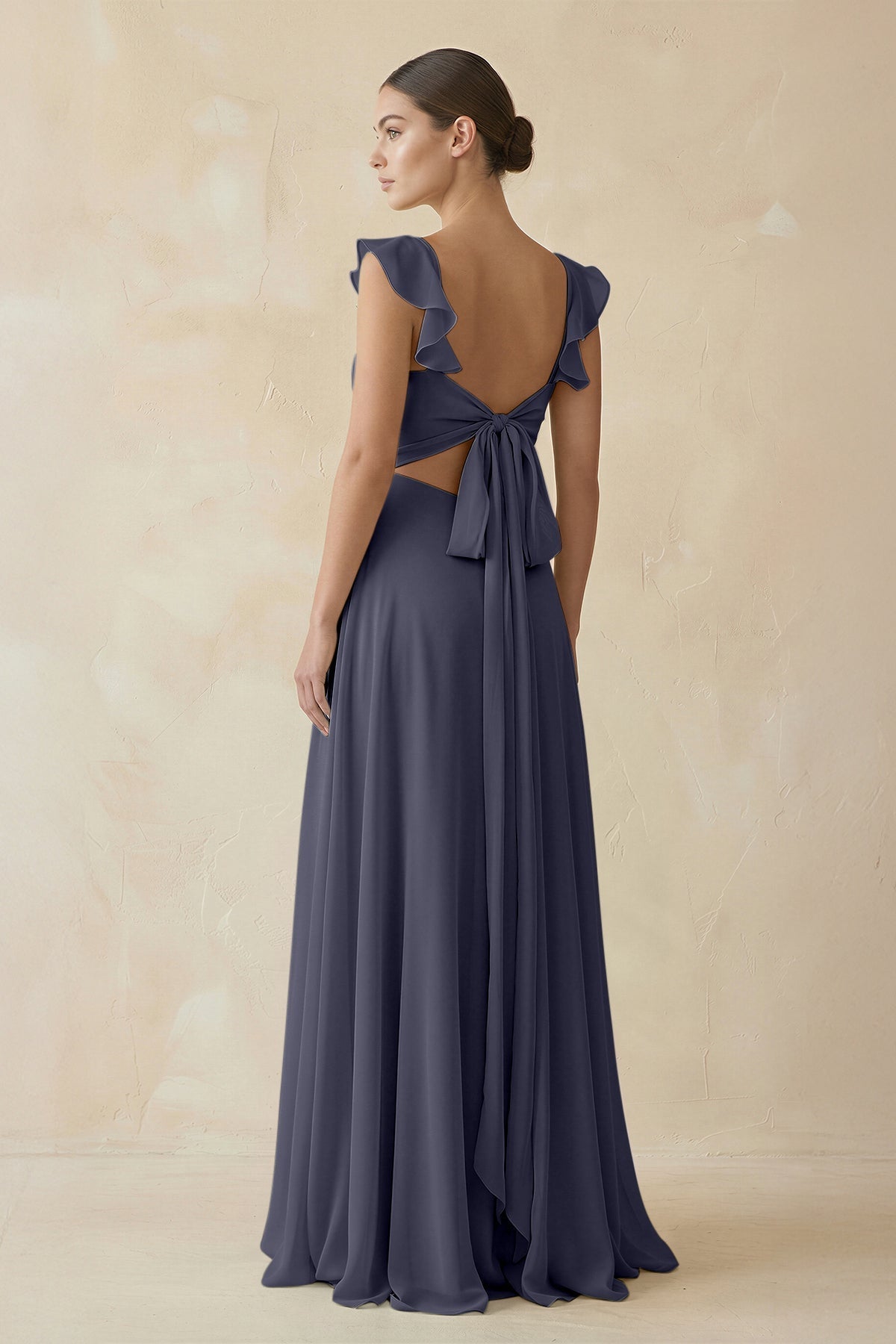 Ruffled Chiffon A - Line Long Bridesmaid Dress in Dusk Blue - SHE IS ME
