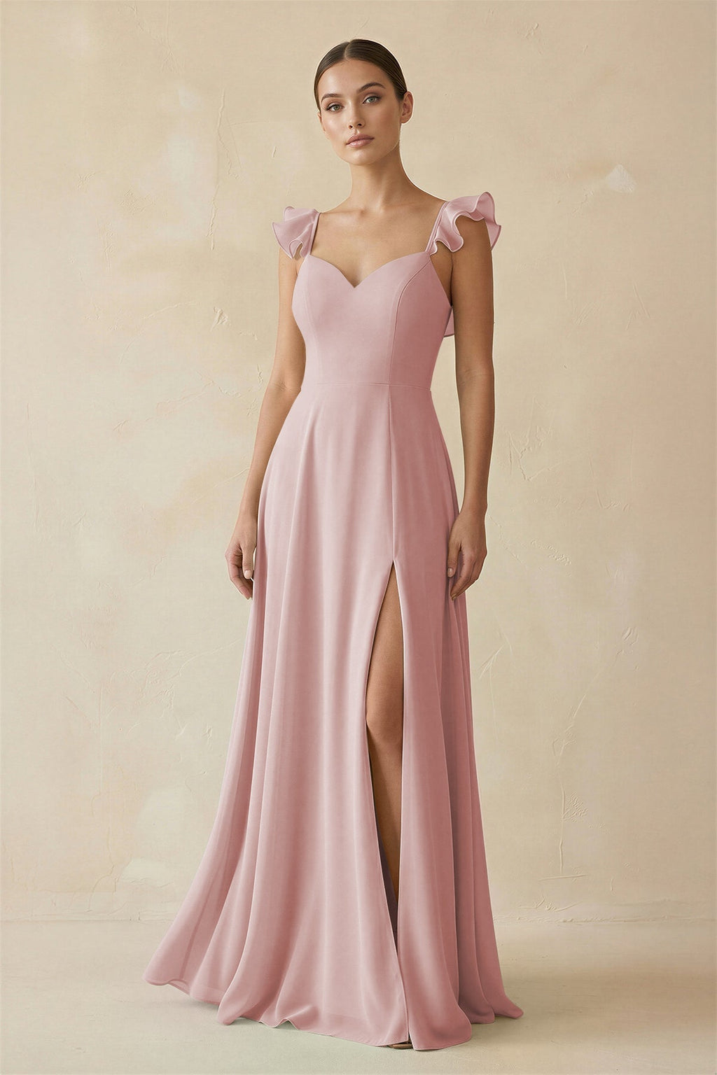 Ruffled Chiffon A - Line Long Bridesmaid Dress in Dusty Rose - SHE IS ME