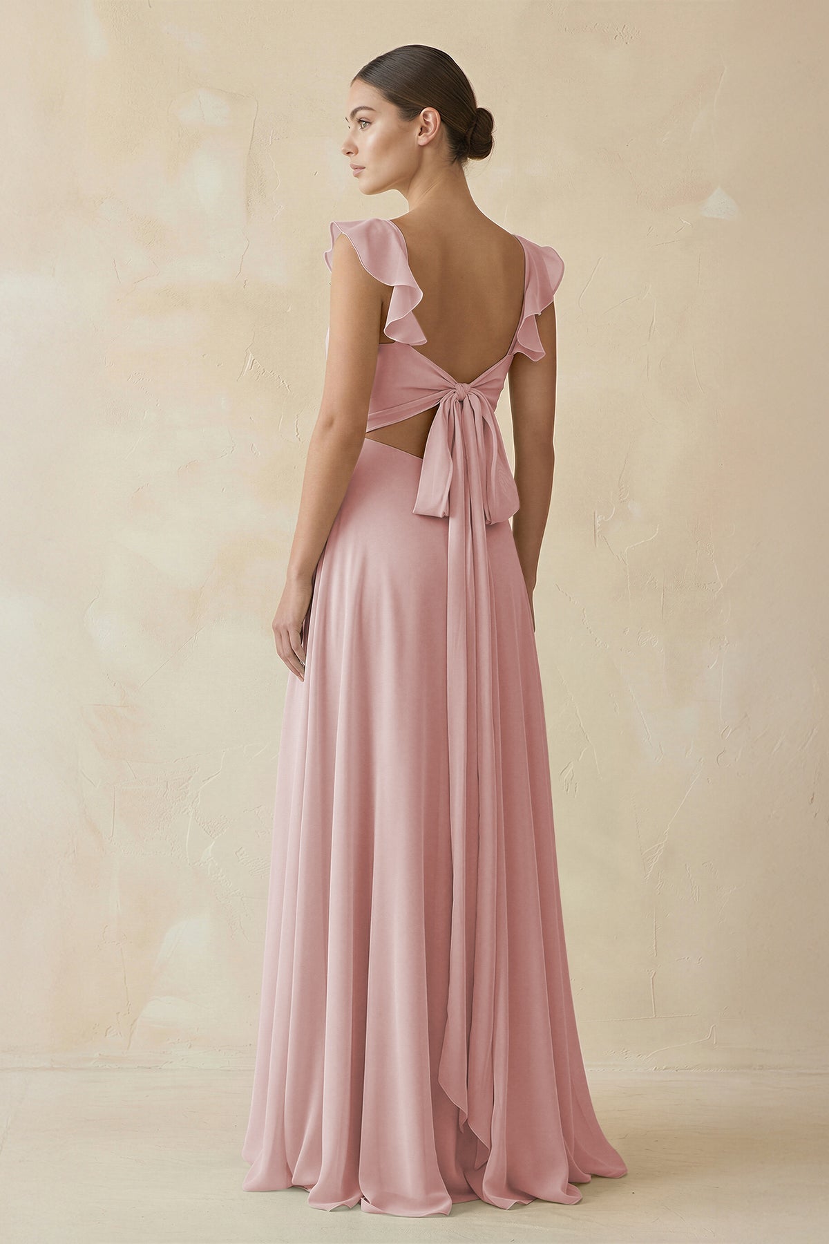 Ruffled Chiffon A - Line Long Bridesmaid Dress in Dusty Rose - SHE IS ME