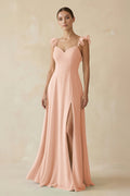 Ruffled Chiffon A - Line Long Bridesmaid Dress in English Rose - SHE IS ME