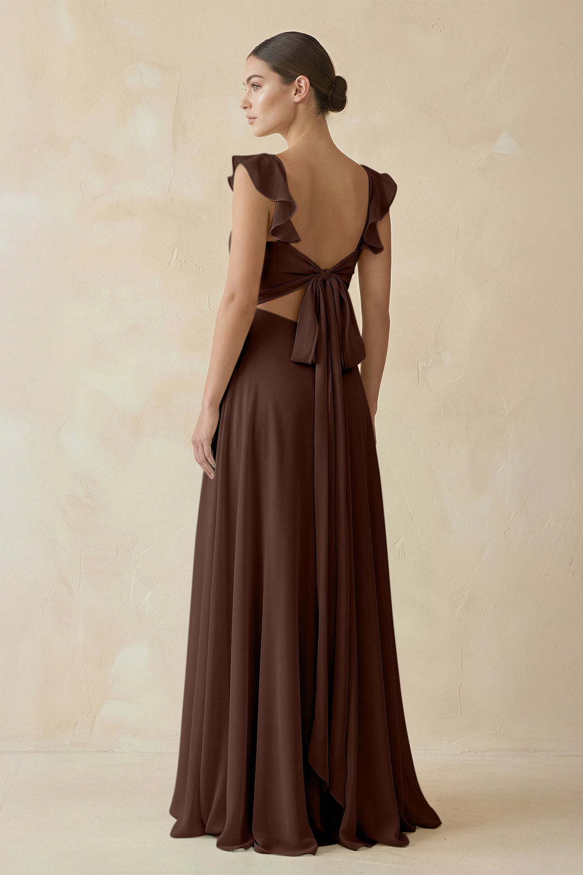 Ruffled Chiffon A - Line Long Bridesmaid Dress in Espresso - SHE IS ME