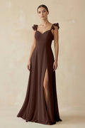 Ruffled Chiffon A - Line Long Bridesmaid Dress in Espresso - SHE IS ME